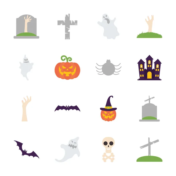 Zombi elleri ve cadılar bayramı ikonu seti, düz stil — Stok Vektör