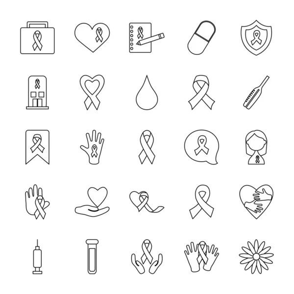 Mãos e câncer de mama conjunto de ícones, estilo de linha —  Vetores de Stock