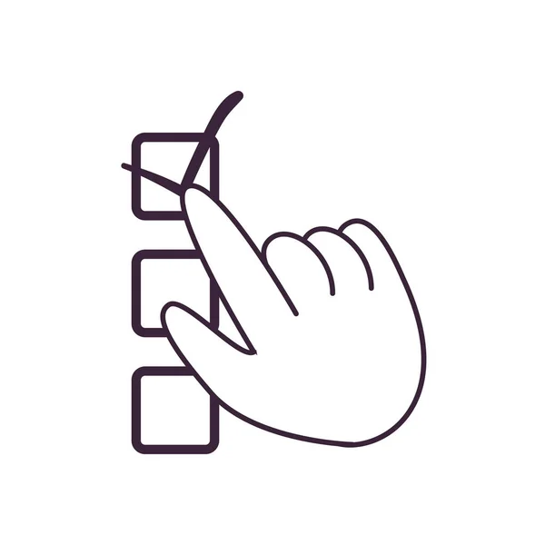 Mão tocando marca de seleção no design vetor ícone estilo linha quadrada — Vetor de Stock