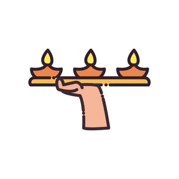 Manos sosteniendo la línea de velas diwali y llenar el diseño de vectores icono de estilo — Vector de stock