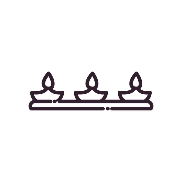 Lampada diwali con tre candele linea stile icona vettoriale design — Vettoriale Stock
