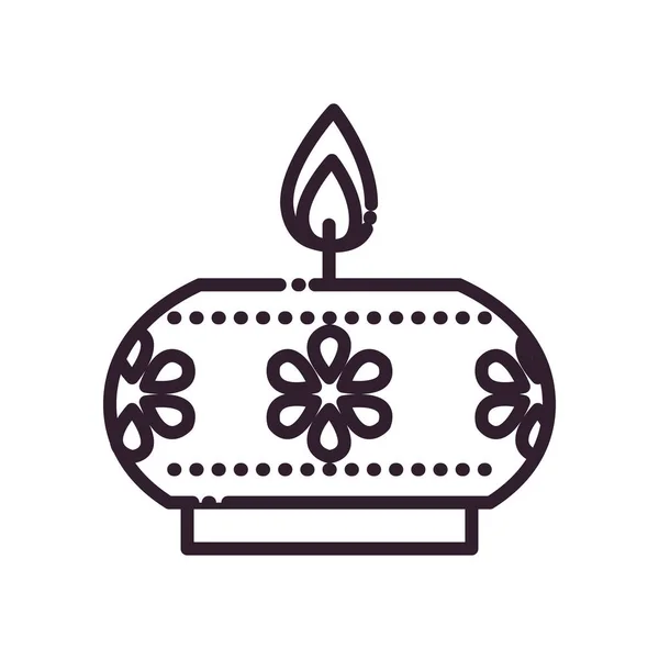 Candela diwali con fiori linea stile icona vettoriale design — Vettoriale Stock