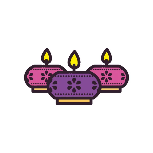 Diwali três velas com linha de flores e design de vetor ícone de estilo de preenchimento —  Vetores de Stock