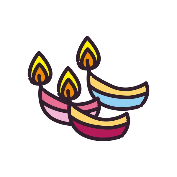 Diwali linha de três velas e design de vetor ícone de estilo de preenchimento — Vetor de Stock