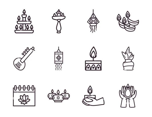 Diwali line style set icons vektordesign — Stockvektor