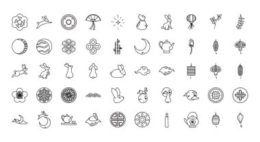 Sonbahar ortası hasat ayı festivali çizgisi stili 50 simge vektör tasarımı