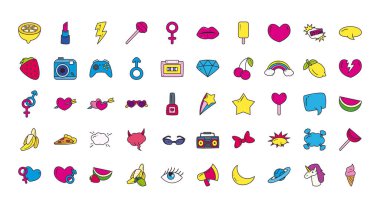 pop sanat satırı ve 50 simge set vektör tasarımını doldur