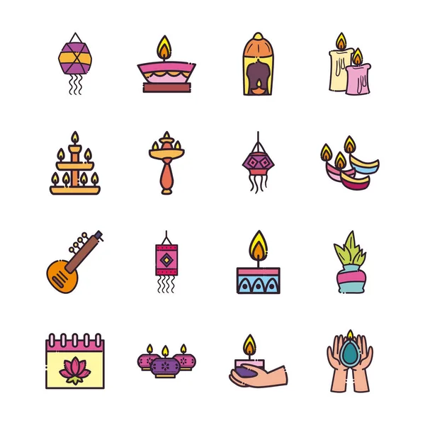 Diwali lijn en vul stijl pictogrammen collectie vector ontwerp — Stockvector