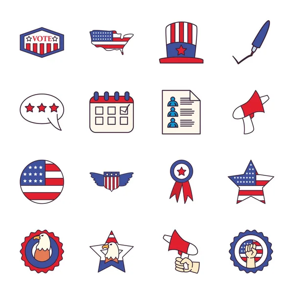 Linha de eleições dos EUA e estilo de preenchimento ícones coleção vetor design — Vetor de Stock