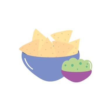 Meksika kültürü kavramı, bir kase nacho ve guacamole, düz stil.