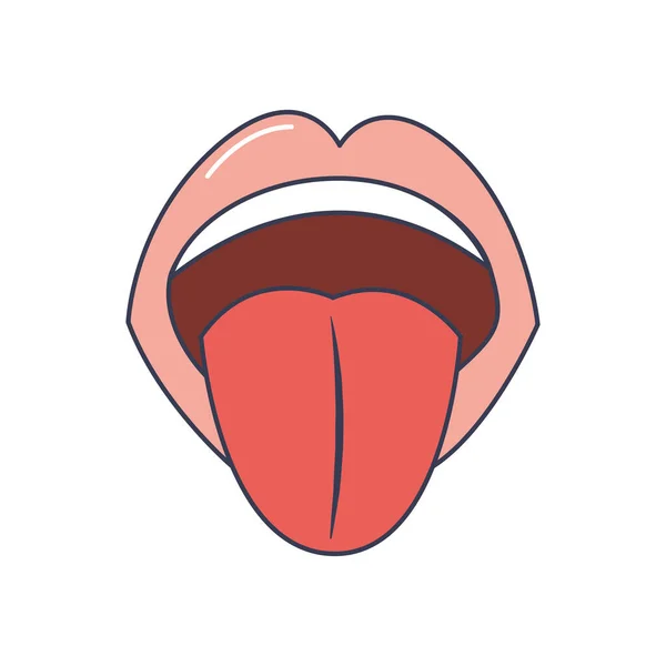 人間の体の概念、口と舌のアイコン、線の塗りつぶしスタイル — ストックベクタ