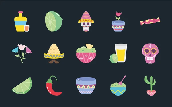 Icono conjunto de cactus y cultura mexicana, estilo plano — Archivo Imágenes Vectoriales