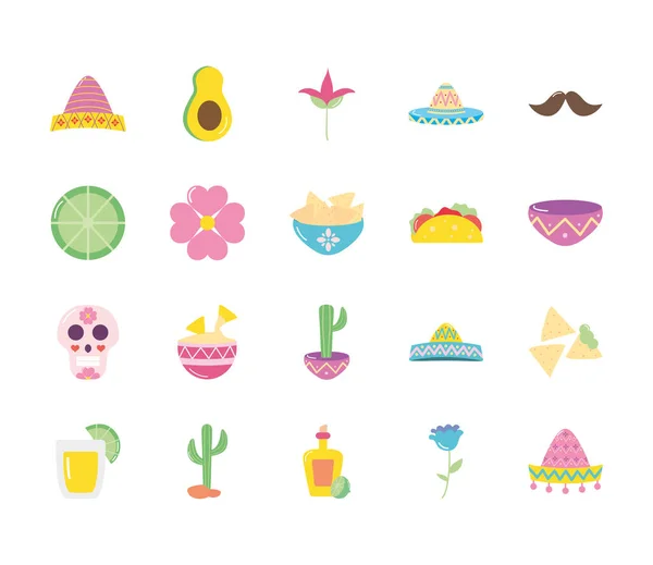 Conjunto de iconos de flores y cultura mexicana, estilo plano — Archivo Imágenes Vectoriales