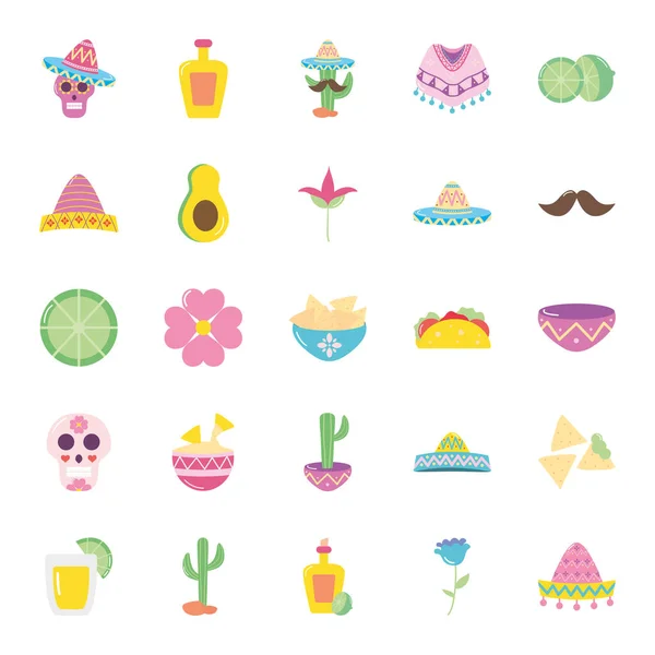 Conjunto de iconos de aguacate y cultura mexicana, estilo plano — Archivo Imágenes Vectoriales