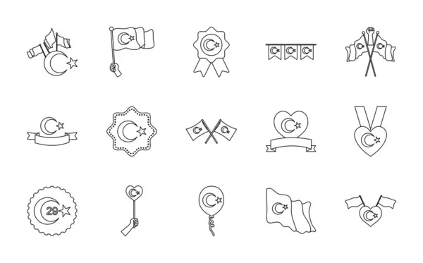 Symbol-Set von Herzen mit Türkei-Flaggen-Design und Türkei Republik, Linie Stil — Stockvektor