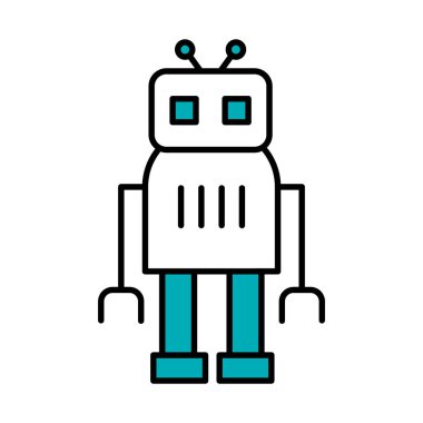 Robotik konsept, karikatür kare robot duruşu, yarım çizgi yarı renk tarzı