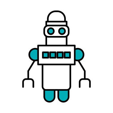 Çizgi film robotu, iki eli ayakta, yarı çizgi yarı renk.