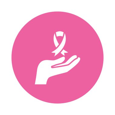 Göğüs kanseri kurdele ikonu olan el, blok stili.