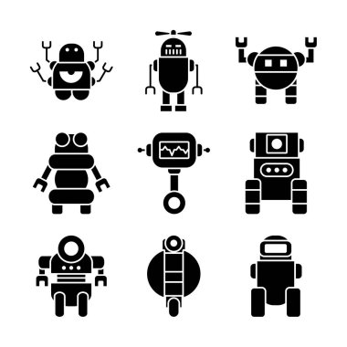 çizgi film robotları ve robot simgesi seti, siluet biçimi