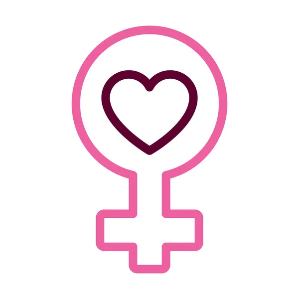 Ženský symbol pohlaví s ikonou srdce, poloviční barva poloviční linie — Stockový vektor