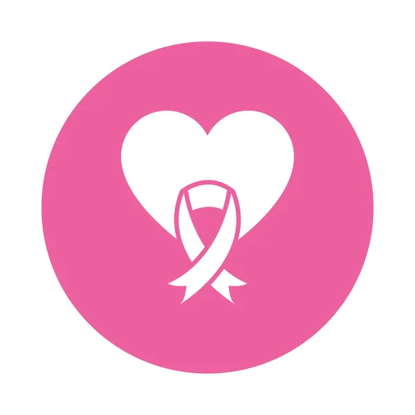 Corazón con el icono de la cinta de cáncer de mama, bloquear el estilo — Vector de stock