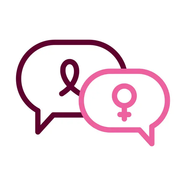 Φυσαλίδες λόγου με το γυναικείο σύμβολο φύλου και το εικονίδιο κορδέλα του καρκίνου του μαστού, μισή γραμμή μισό χρώμα στυλ — Διανυσματικό Αρχείο