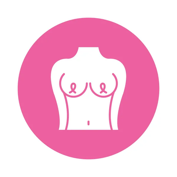 Concepto de cáncer de mama, cuerpo femenino que muestra la mama con cintas de conciencia en los pezones, estilo de bloqueo — Vector de stock