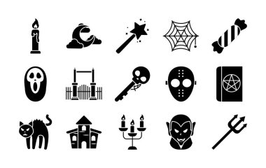 Cadılar Bayramı ve çizgi film vampirlerinin ikon seti, siluet tarzı.