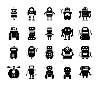 Çizgi film robotları ve robotik, siluet tarzı simge seti