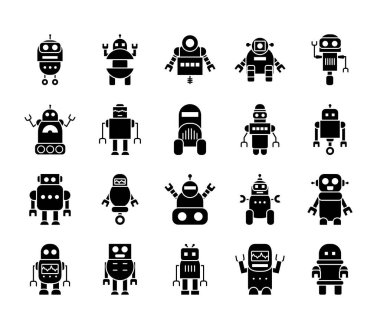 robotik ve karikatür robotları simge seti, siluet biçimi