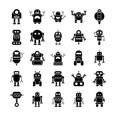 Robotik ve çizgi film robotları siluet tarzı simge seti