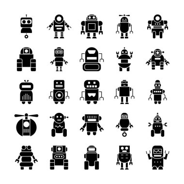 çizgi film robotları ve robot simgesi seti, siluet biçimi