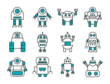 Robotlar ve robotlar için simge seti, yarı çizgi yarı renk