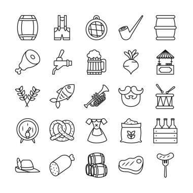 Bira fıçıları ve oktoberfest ikon seti, çizgi tarzı