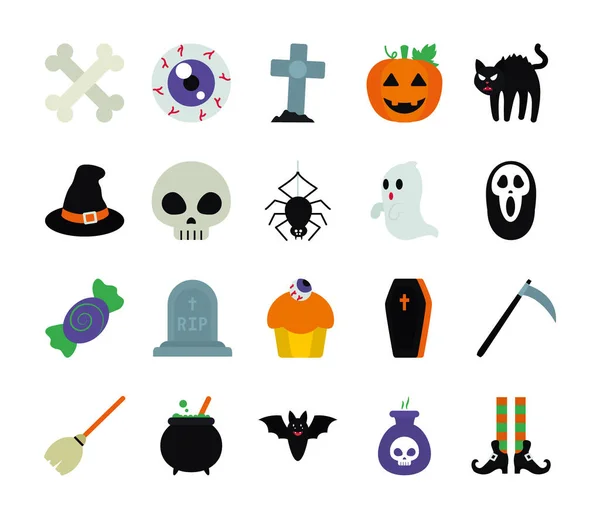 Ojo de zombie y conjunto de iconos de Halloween, estilo plano — Vector de stock