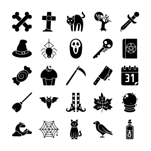 Icon set of witch broom and halloween, silhouette style — Stock Vector