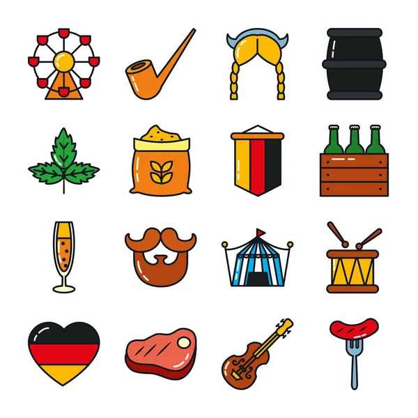 Pictogram set van Duitse vlag en oktoberfest, lijn en vul stijl — Stockvector