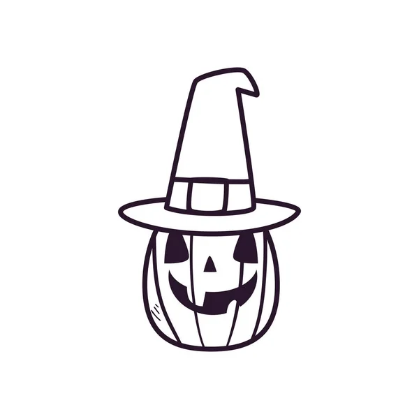 Dessin animé de citrouille halloween avec chapeau forme libre ligne style icône vectoriel design — Image vectorielle