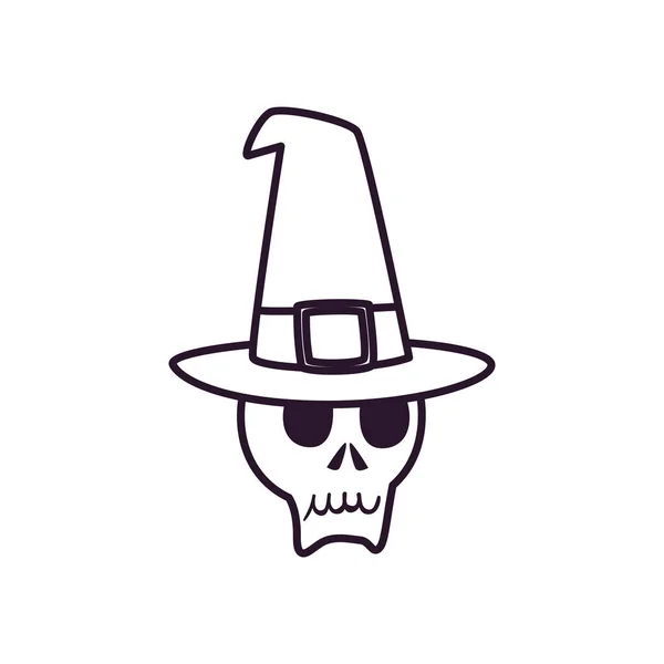 Halloween calavera de dibujos animados con sombrero forma libre estilo de línea icono de diseño de vectores — Vector de stock