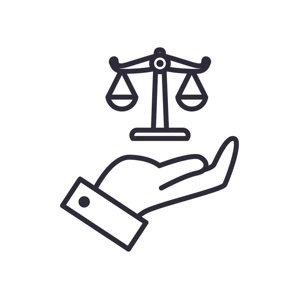 Law balance scale over hand line style icon vector design — Stock Vector