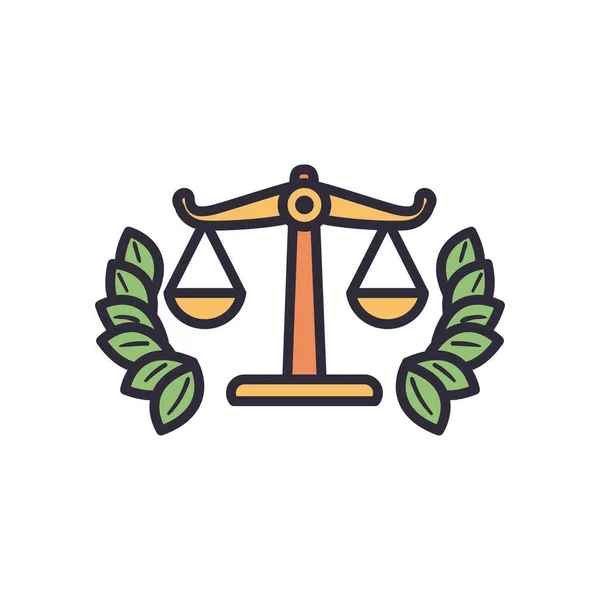 Balanza de equilibrio de la ley con hojas línea de corona y diseño de vectores icono de estilo de relleno — Vector de stock