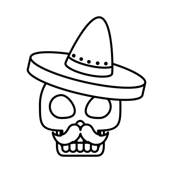 Crânio mexicano com bigode e chapéu, estilo linha — Vetor de Stock