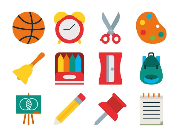 Pelota de baloncesto y conjunto de iconos de la escuela, estilo plano — Vector de stock
