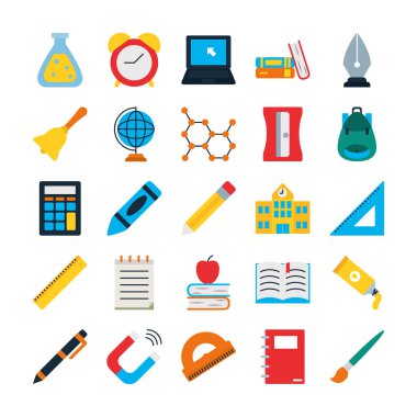 Kimyasal şişe ve okul simgesi seti, düz stil