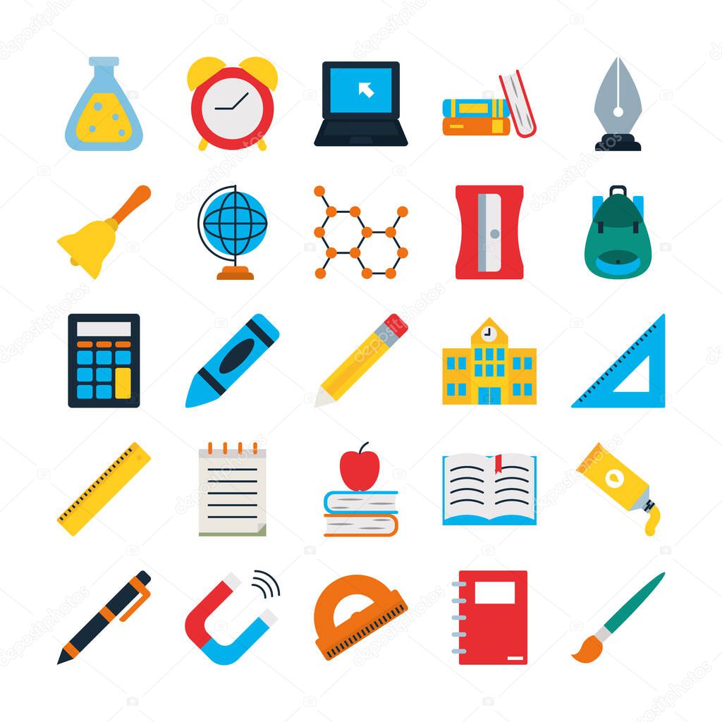 chemical flask and school icon set, flat style
