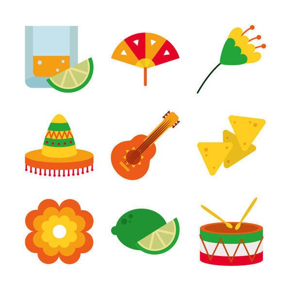 icon set of mexican and flowers, flat style