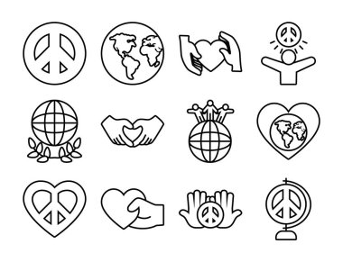 Toprak gezegeni ve barış sembolü seti, çizgi biçimi