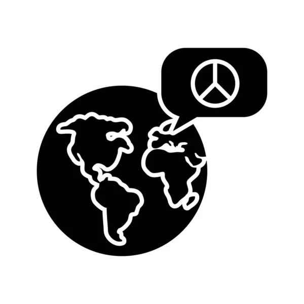Planeta tierra y la burbuja del habla con el icono del símbolo de la paz, estilo de silueta — Vector de stock