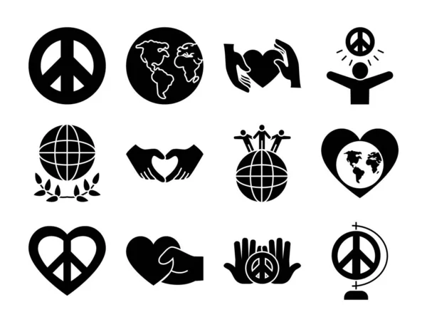 Planeta tierra y símbolo de paz conjunto de iconos, estilo de silueta — Vector de stock