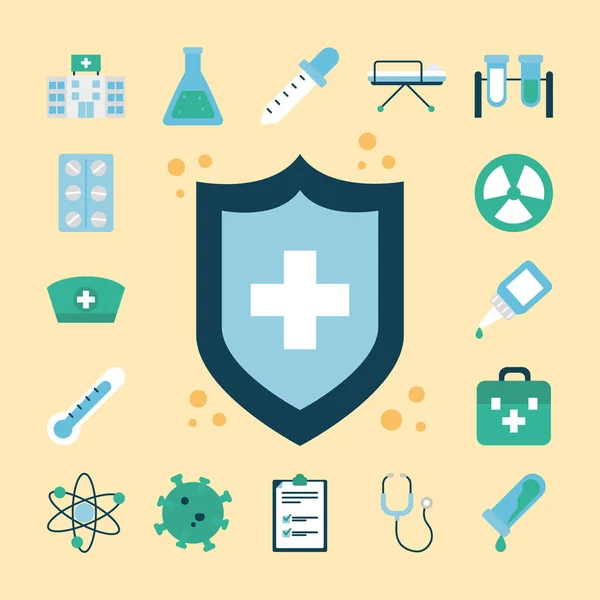 Icon set of vaccine and shield, flat style — Stock Vector